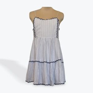 Urban Outfitters Striped Tiered Mini Dress XS Blue White Red Scalloped Trim Boho